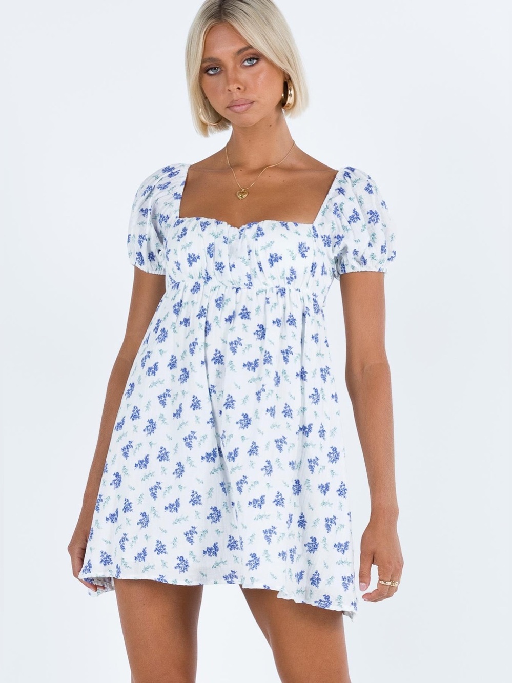 Princess Polly Blue Floral Puff Sleeve Mini Dress Cotton White Tie Back US 8